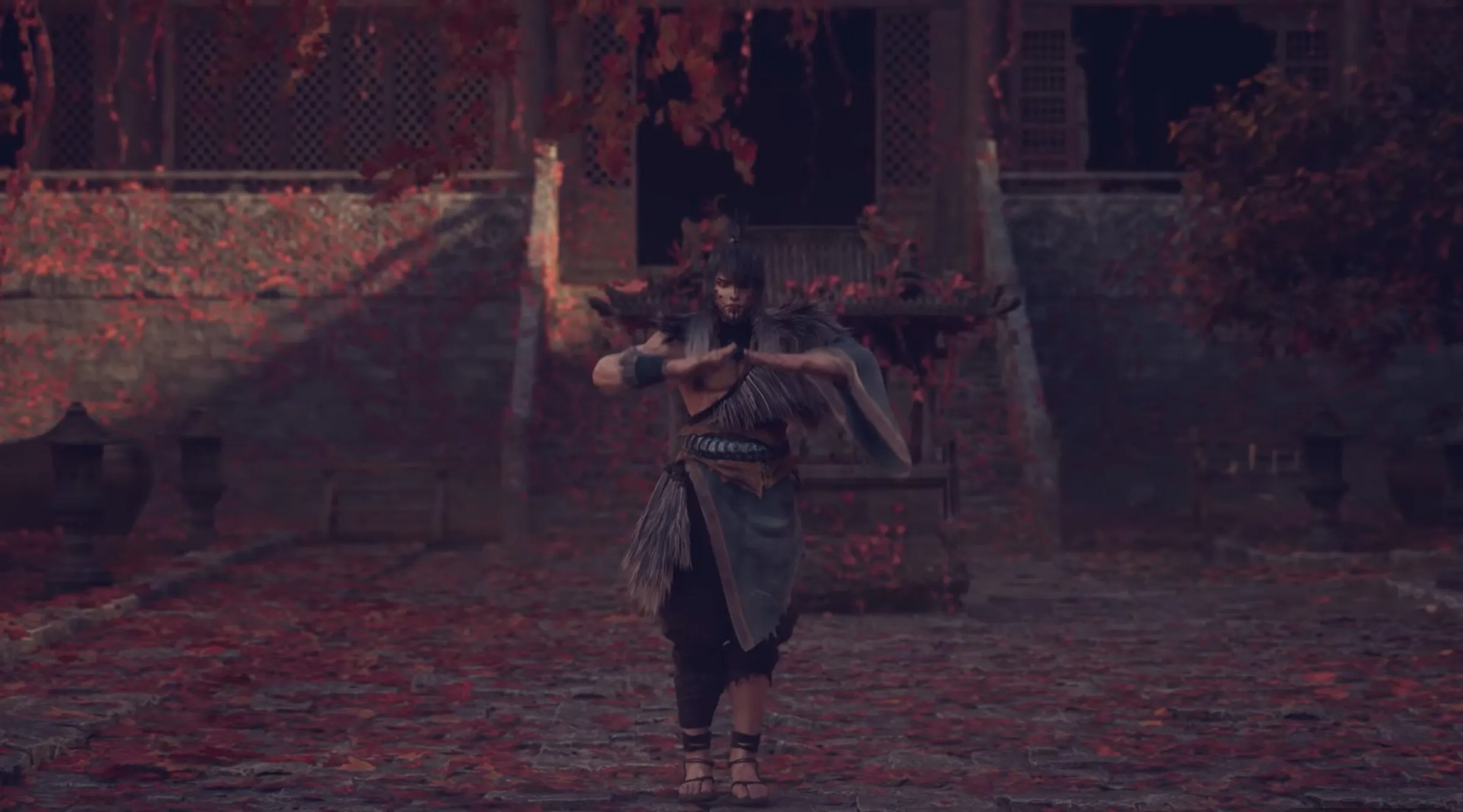 紅葉の庭での型稽古